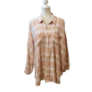 American Eagle Size Small Plaid Button-Up Shirt Peach and Cream Oversized NWT